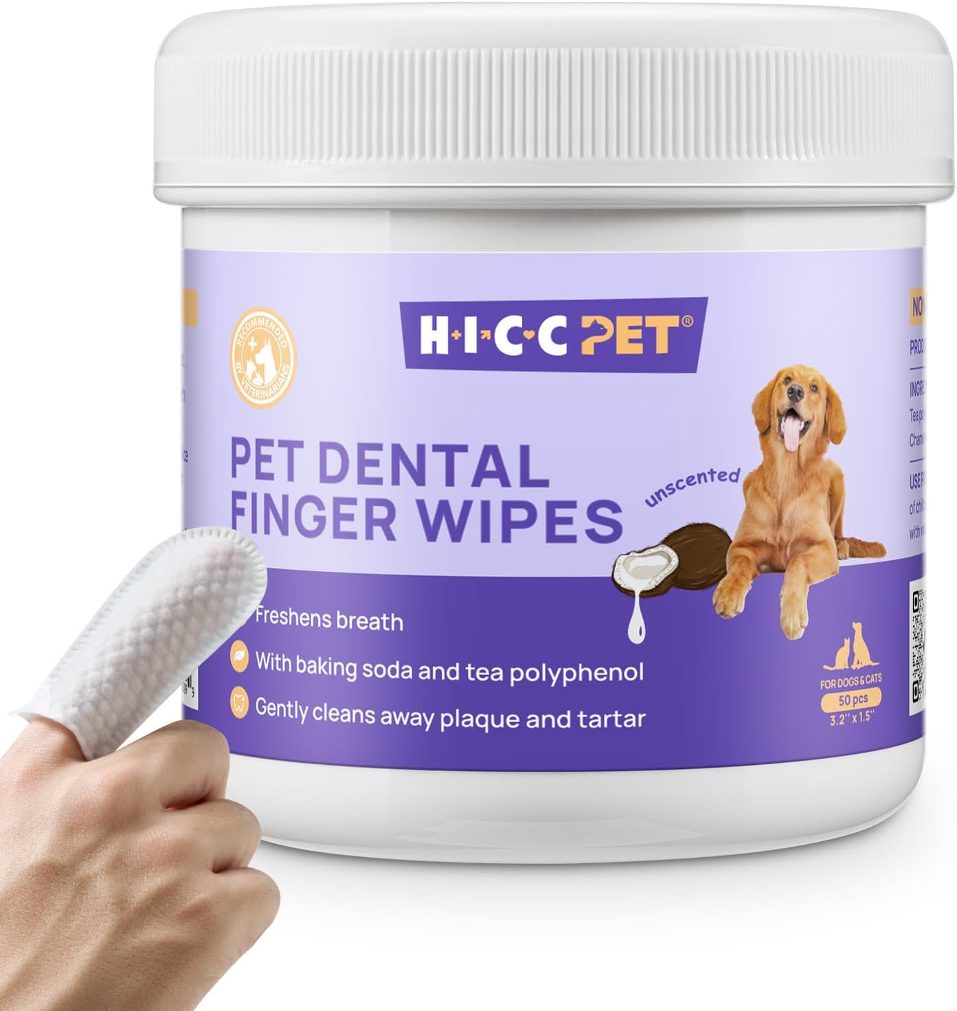 HICC PET Teeth Cleaning Wipes for Dogs & Cats, Vet-Recommended Remove Bad Breath & Plaque & Tartar Buildup Dog Finger Toothbrush Wipes, Dog Tooth Brushing Kit Cleansing & Gum Care for Small Animal