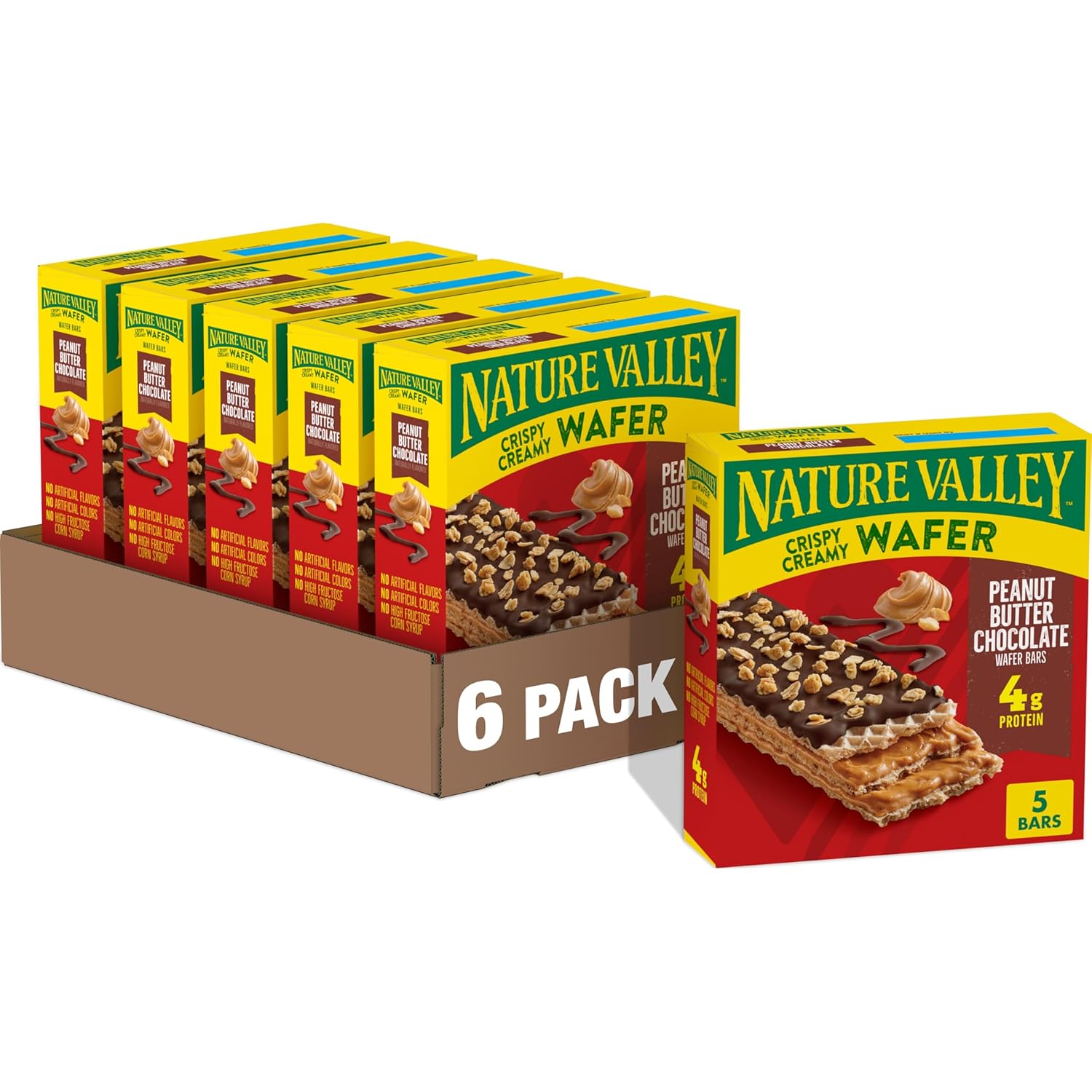 Nature Valley Wafer Bars, Peanut Butter Chocolate, 5 Bars per Box, 6.5 oz, Pack of 6, Crispy Wafer Texture, Peanut Butter Layers & Chocolate Coating, No Artificial Flavors, No High Fructose Corn Syrup