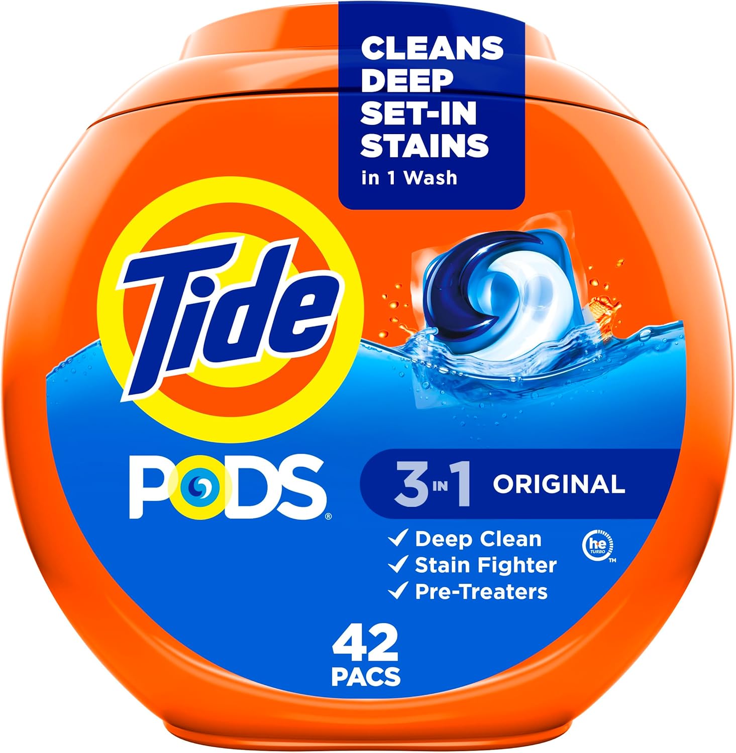 Tide PODS Laundry Detergent Pacs, 3-in-1 Stain Remover, Odor Fighter, Color Protector, 42 Count, HE compatible, Original Scent (Packaging May Vary)