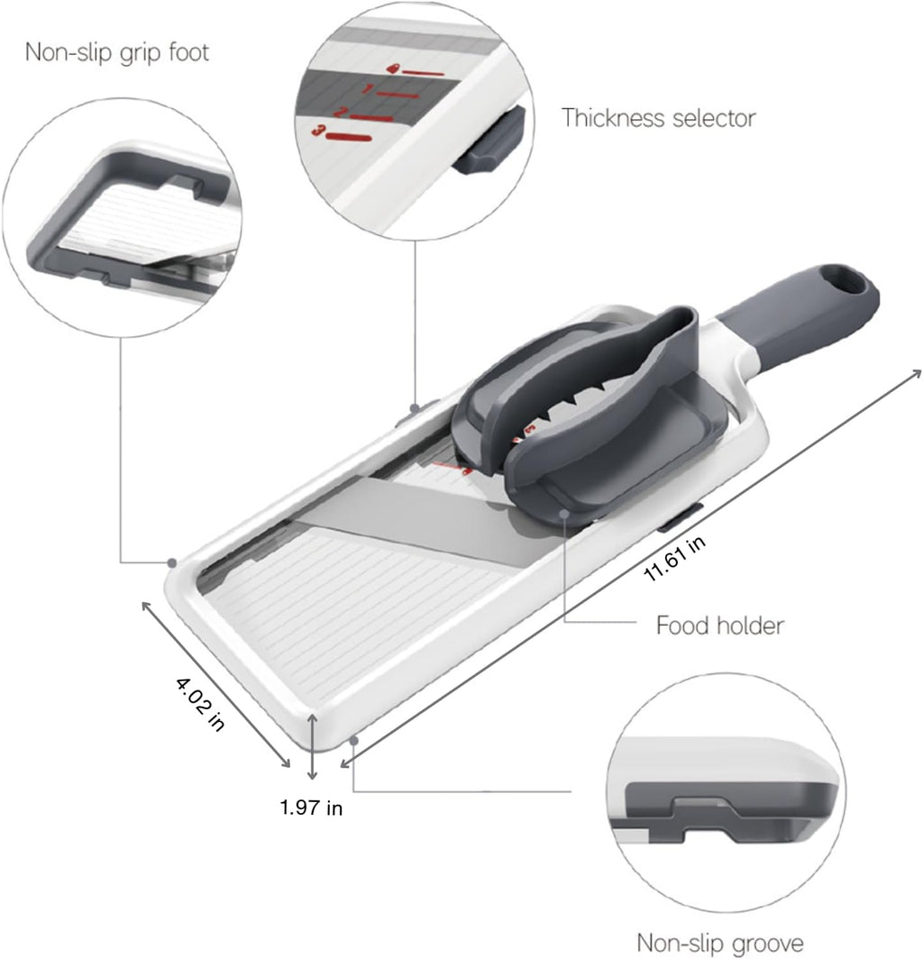 Multi Handheld Mandoline Slicer - Adjustable Stainless Steel Blade, Comfort Grip, Safety Features, Easy to Clean, Ideal for Speedy Slicing of Fruits and Vegetables (Gray)