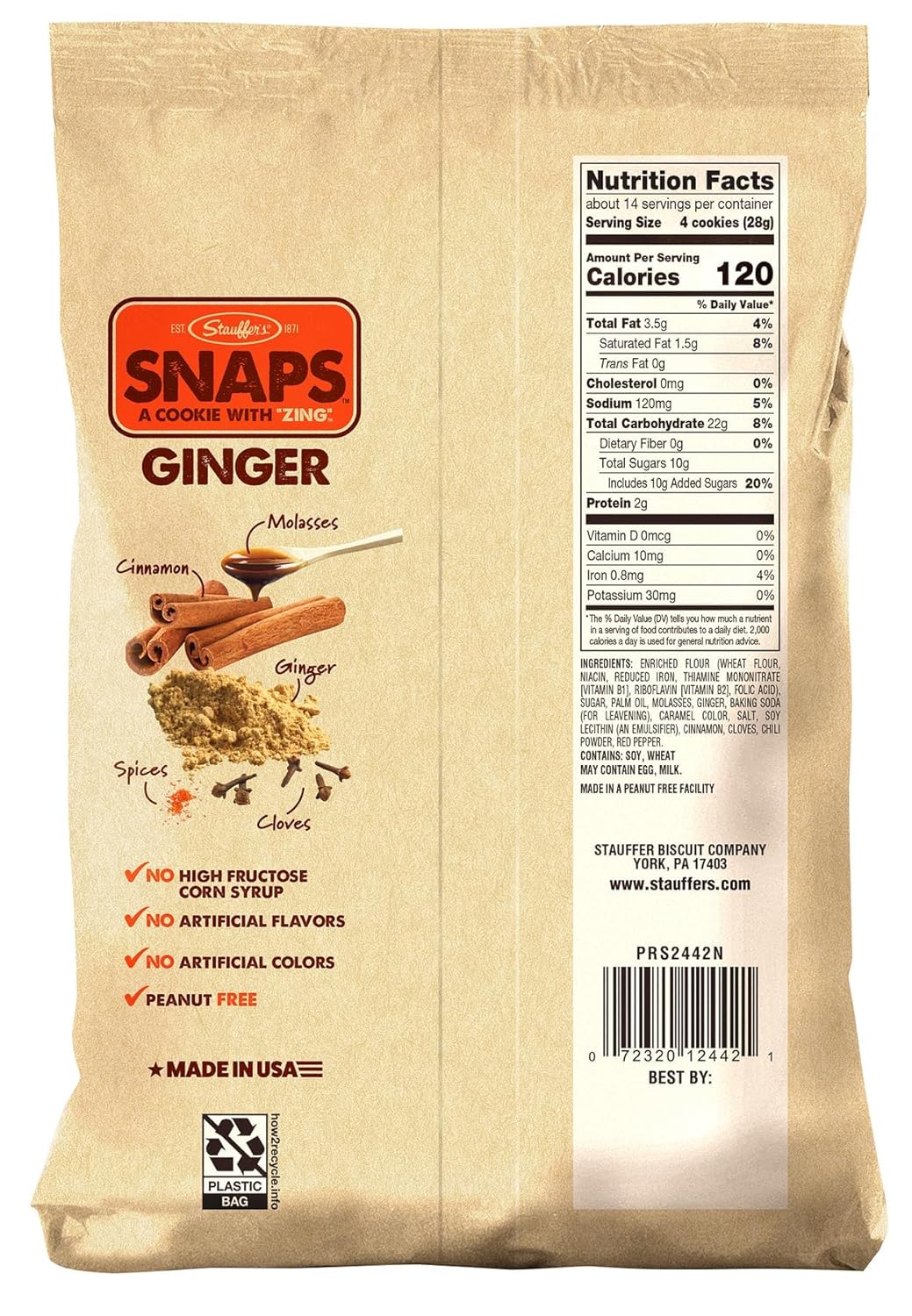 STAUFFERS Ginger SNAPS Cookies - 14oz Bag - Ginger Flavored Cookies with No High Fructose Corn Syrup, Artificial Flavors or Colors