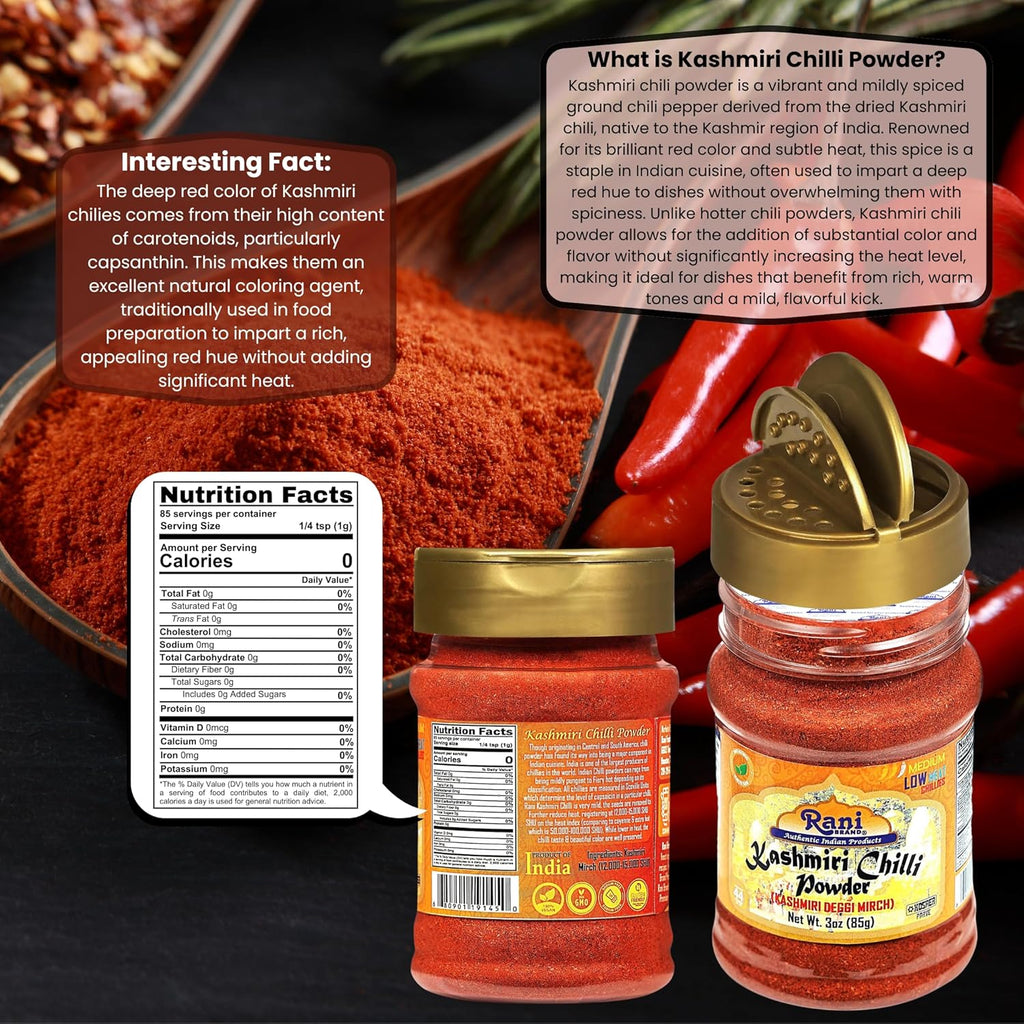 Rani Kashmiri Chilli Powder (Deggi Mirch, Low Heat) Ground Indian Spice 85g PET Jar ~ All Natural | Salt-Free | Vegan | Kosher | Gluten Friendly | Perfect for Deviled Eggs & Other Low Heat Dishes