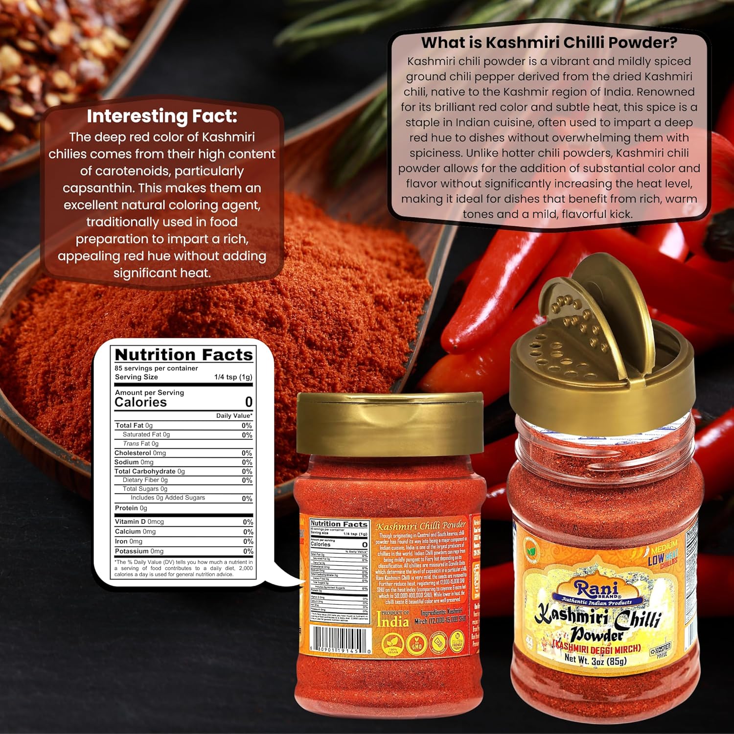 Rani Kashmiri Chilli Powder (Deggi Mirch, Low Heat) Ground Indian Spice 85g PET Jar ~ All Natural | Salt-Free | Vegan | Kosher | Gluten Friendly | Perfect for Deviled Eggs & Other Low Heat Dishes