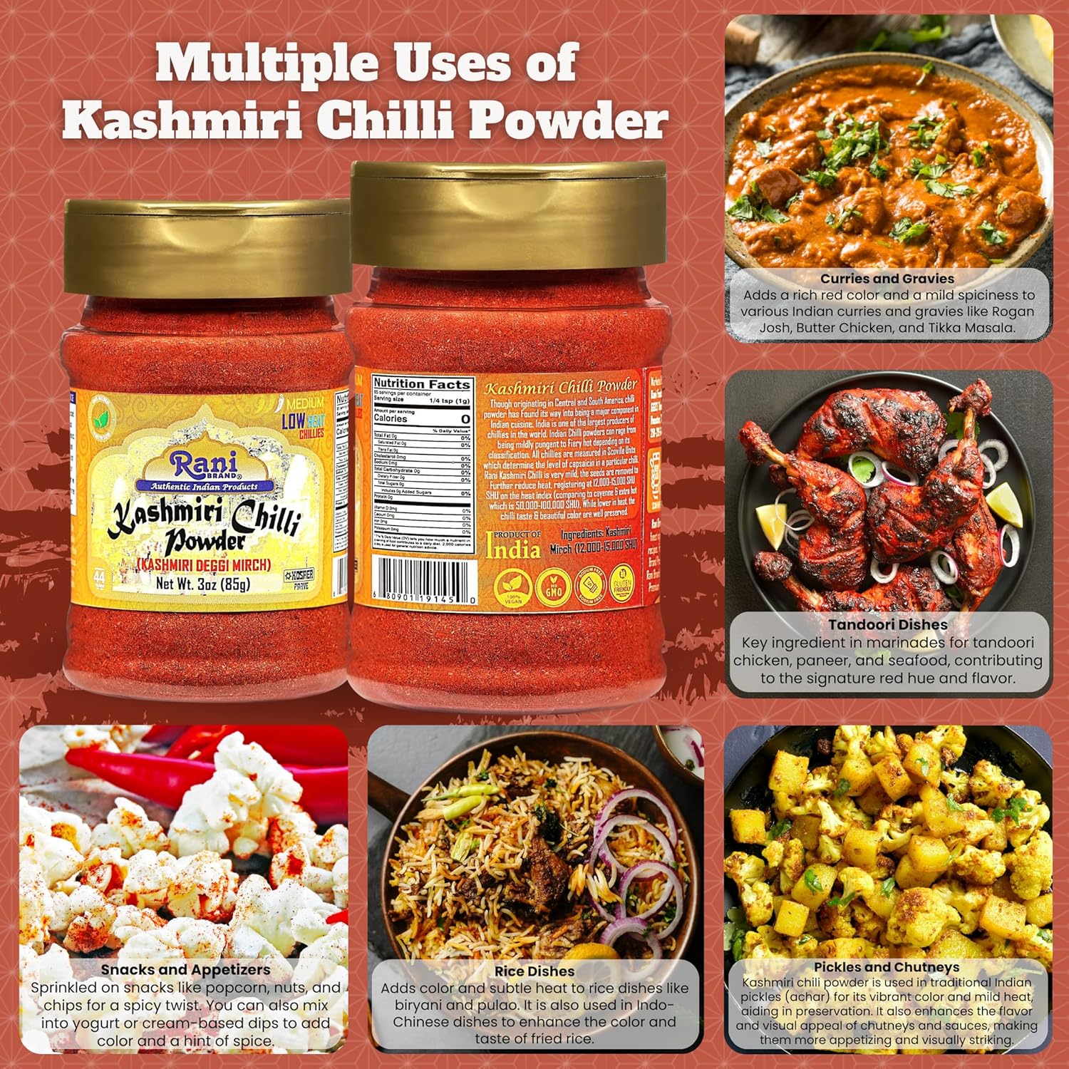 Rani Kashmiri Chilli Powder (Deggi Mirch, Low Heat) Ground Indian Spice 85g PET Jar ~ All Natural | Salt-Free | Vegan | Kosher | Gluten Friendly | Perfect for Deviled Eggs & Other Low Heat Dishes