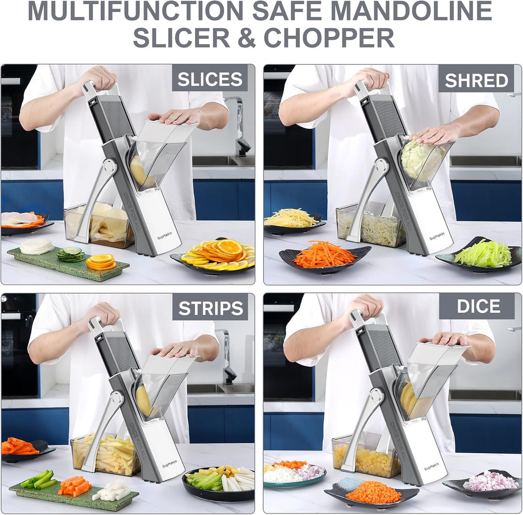 SupMaKin Upgrade Safe Mandoline Slicer for Kitchen, Bigger Size Adjustable Vegetable Onion Chopper,Potato Slicer Fry Cutter, Kitchen Chopping Artifact (GrayWhite)