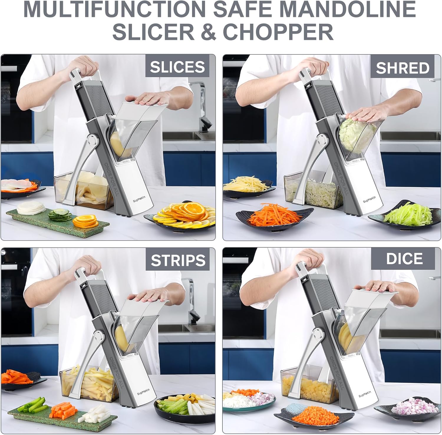 SupMaKin Upgrade Safe Mandoline Slicer for Kitchen, Bigger Size Adjustable Vegetable Onion Chopper,Potato Slicer Fry Cutter, Kitchen Chopping Artifact (GrayWhite)