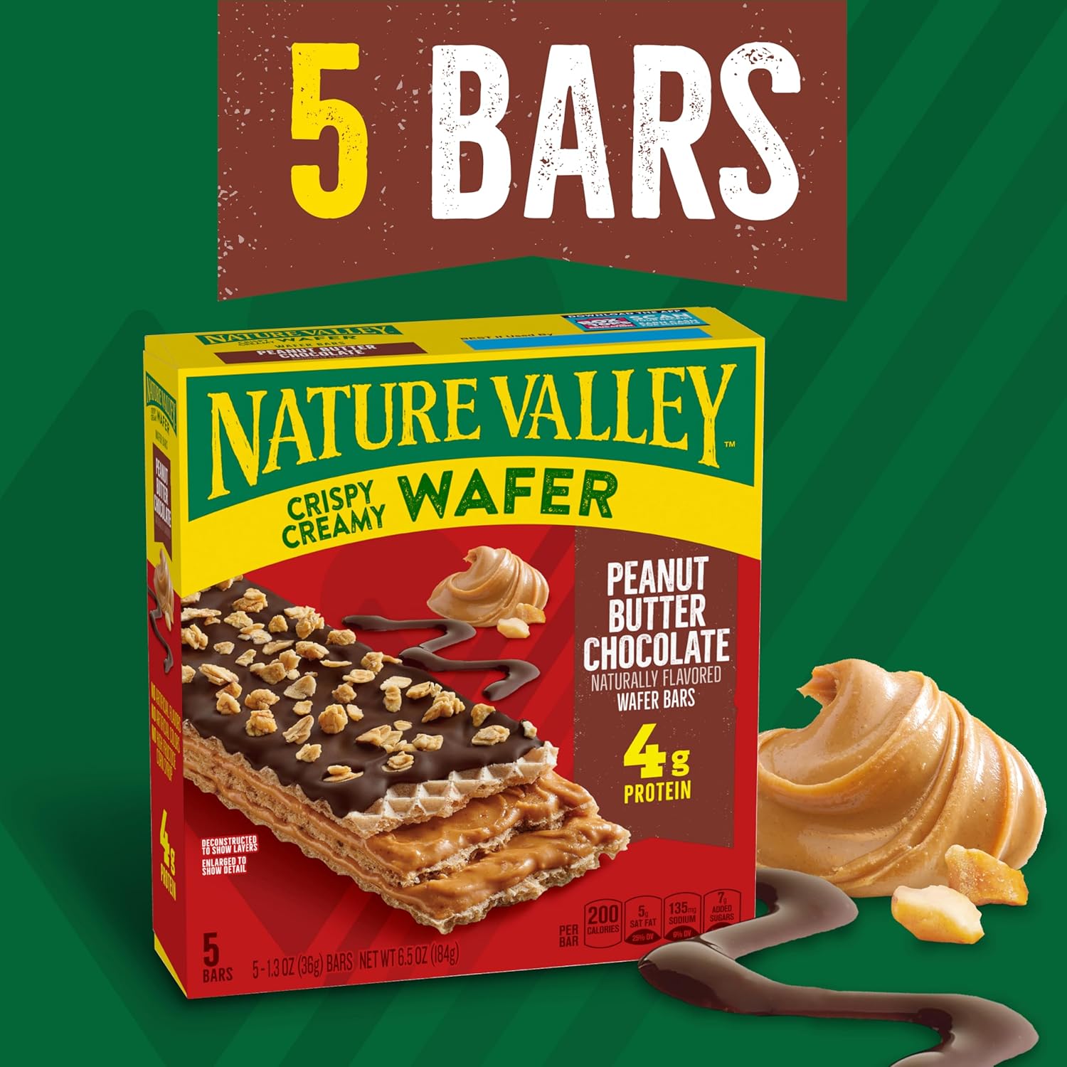 Nature Valley Wafer Bars, Peanut Butter Chocolate, 5 Bars per Box, 6.5 oz, Pack of 6, Crispy Wafer Texture, Peanut Butter Layers & Chocolate Coating, No Artificial Flavors, No High Fructose Corn Syrup
