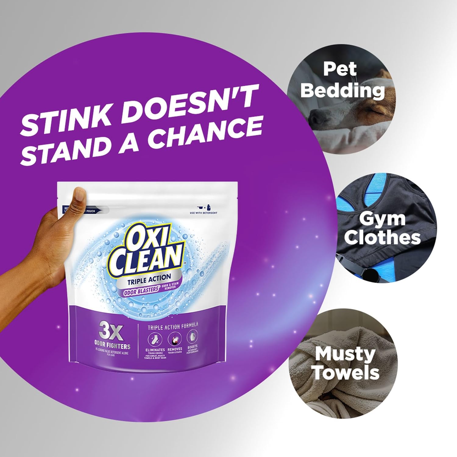 OxiClean Triple Action Odor Blasters Odor and Stain Remover Powder, Use with Detergent, Eliminates Tough Odors and Removes Stains, Color Safe and Chlorine Free, 6.5 lbs