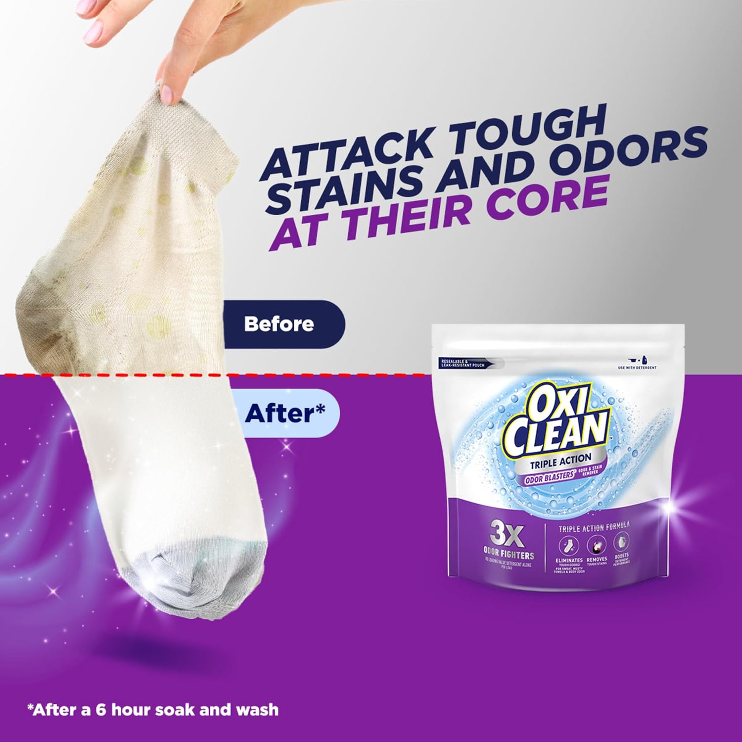 OxiClean Triple Action Odor Blasters Odor and Stain Remover Powder, Use with Detergent, Eliminates Tough Odors and Removes Stains, Color Safe and Chlorine Free, 6.5 lbs