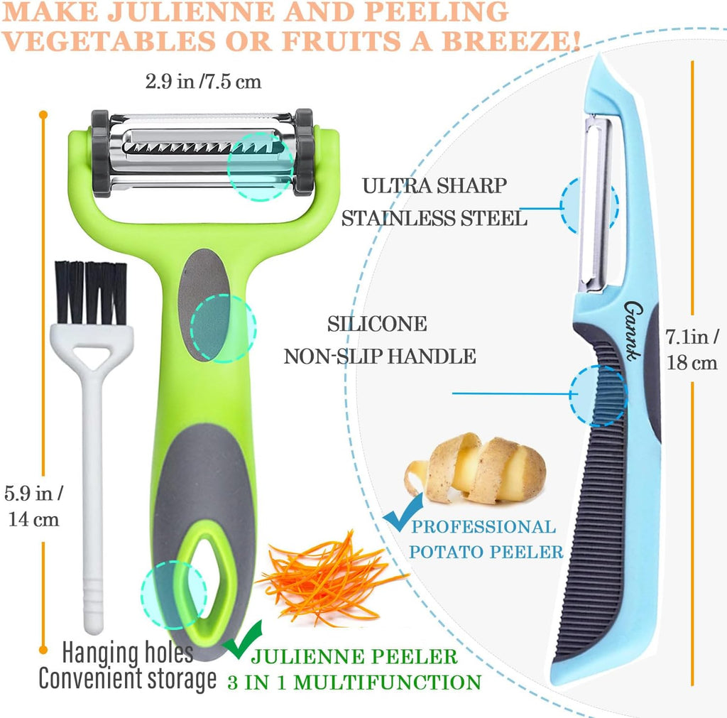 GANNK Potato Apple Vegetable Peelers for Kitchen, I and Y Peelers for Fruit Veggie Potatoes Carrot Cucumber, 3 in 1 Blade Spin Design With Julienne Function